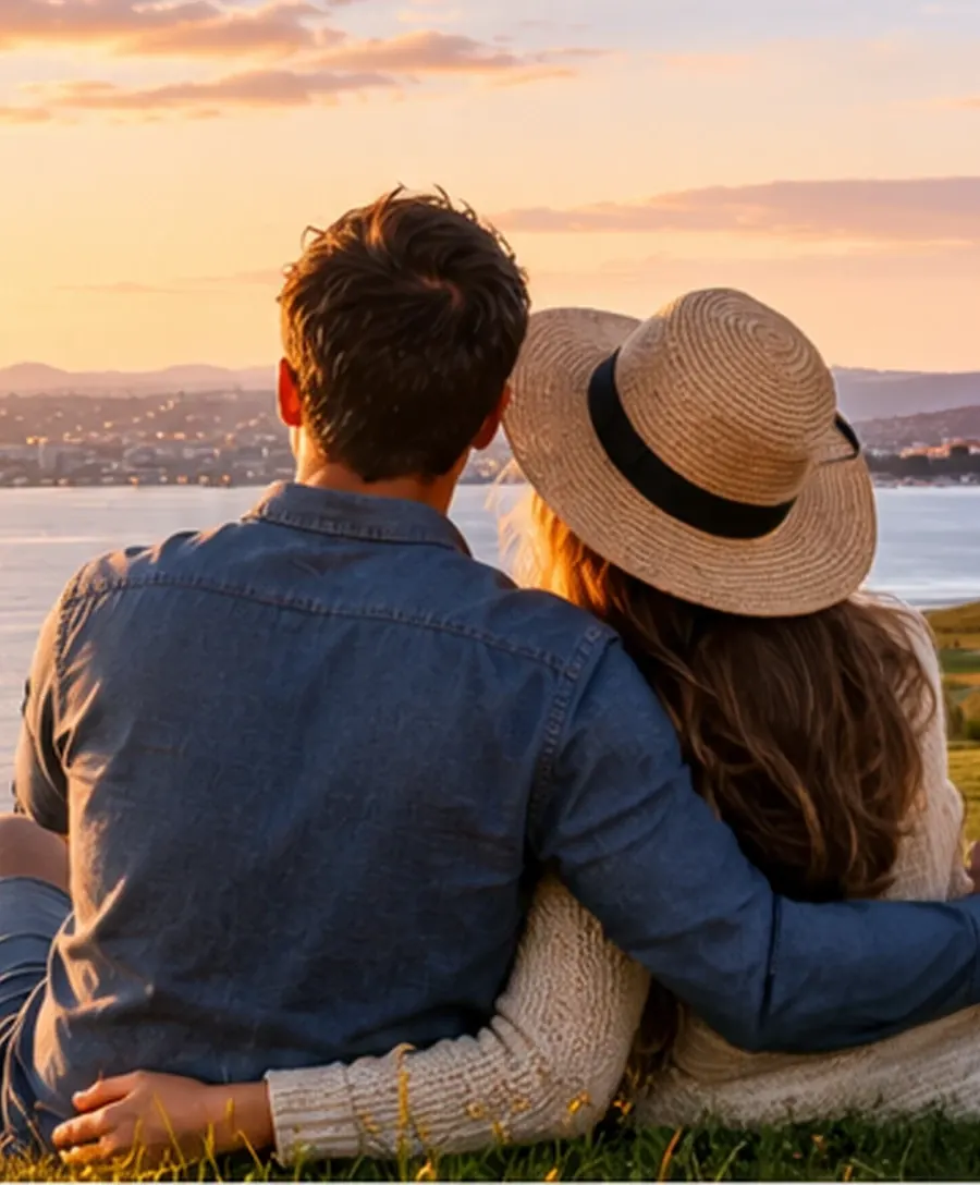 Couple enjoying an Auckland view at sunset